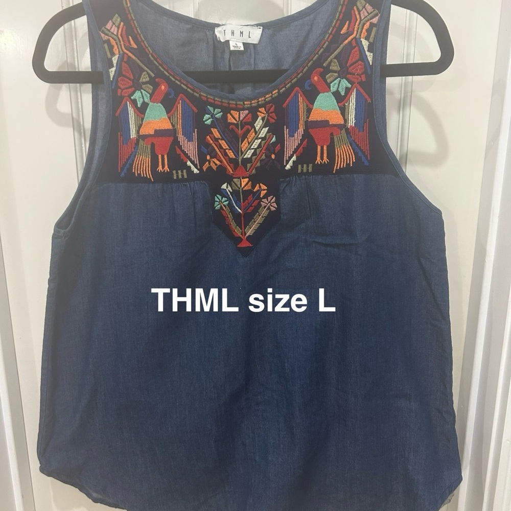 THML Women's Colorful Embroidered Denim Tank Top